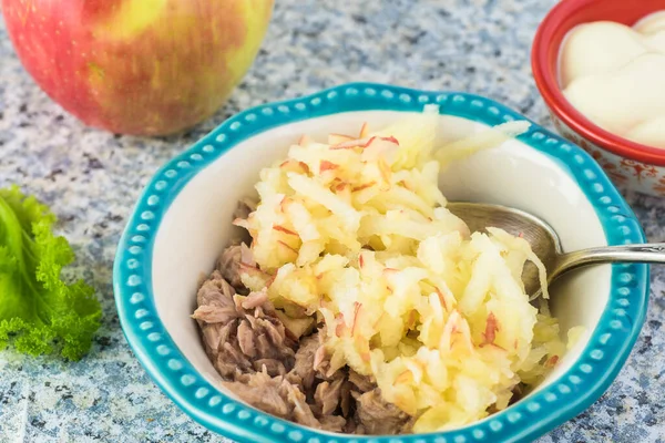 Ingredients Tuna Salad Caned Tuna Cut Onion Apple Mayonnaise — Stock Photo, Image