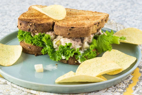 Sandwich Caned Tuna Pickles Cut Onion Mayonnaise Plate Chips — Stock Photo, Image