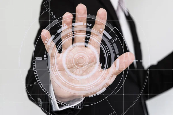 Hand aanraken van futuristische interface scherm, technologie concept — Stockfoto