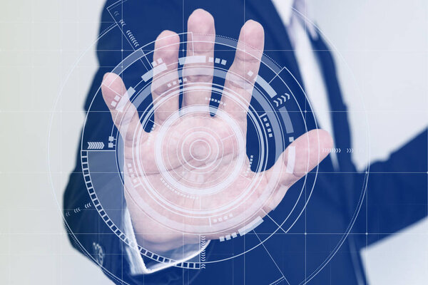 Hand touching futuristic interface screen, technology concept