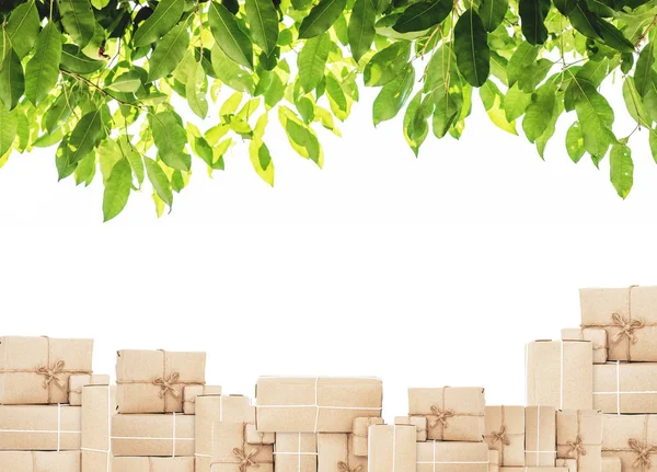 Montones de cajas con hoja verde, aisladas sobre fondo blanco —  Fotos de Stock