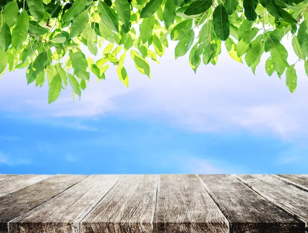 Mesa de madera con cielo azul y fondo de hojas verdes —  Fotos de Stock