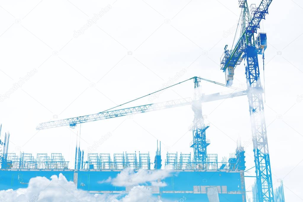 Double exposure, Building construction site with blue sky and white cloud, on white background with copy space