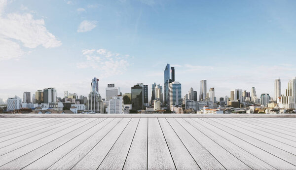 Panoramic city view with empty white wooden floor
