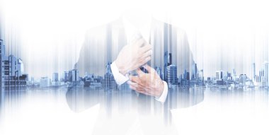 Çift pozlama işadamı panoramik Bangkok cityspace arka plan ile