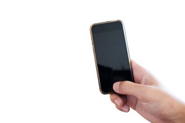 Beyaz arka plan üzerinde izole mobil akıllı telefon tutan el. Kırpma yolu dahil