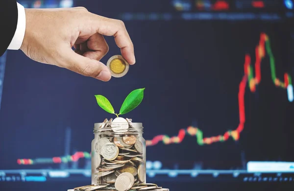 Інвестиції в концепцію онлайн фондового ринку, ручна покладання монети в скляну банку зі збільшенням грошей і світиться рослина — стокове фото