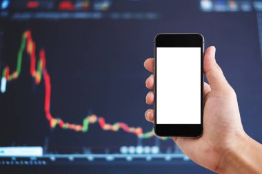 El tutarak mobil akıllı telefon, boş beyaz dikey ekran, borsa grafik arka planı. Online hisse senedi Alım Satım cep telefonu konsepti üzerine