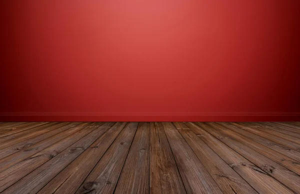 Το πάτωμα σκληρού ξύλου με κόκκινο τοίχο, άδειο δωμάτιο για το φόντο — Φωτογραφία Αρχείου