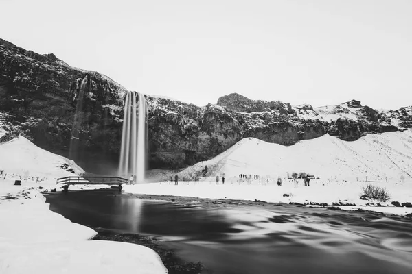 Blanco y negro, paisaje de cascada en invierno. Cascada Seljalandsfoss en hito invernal en Islandia —  Fotos de Stock