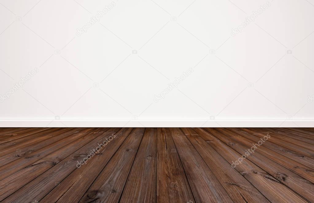 Dark wood floor with white wall background