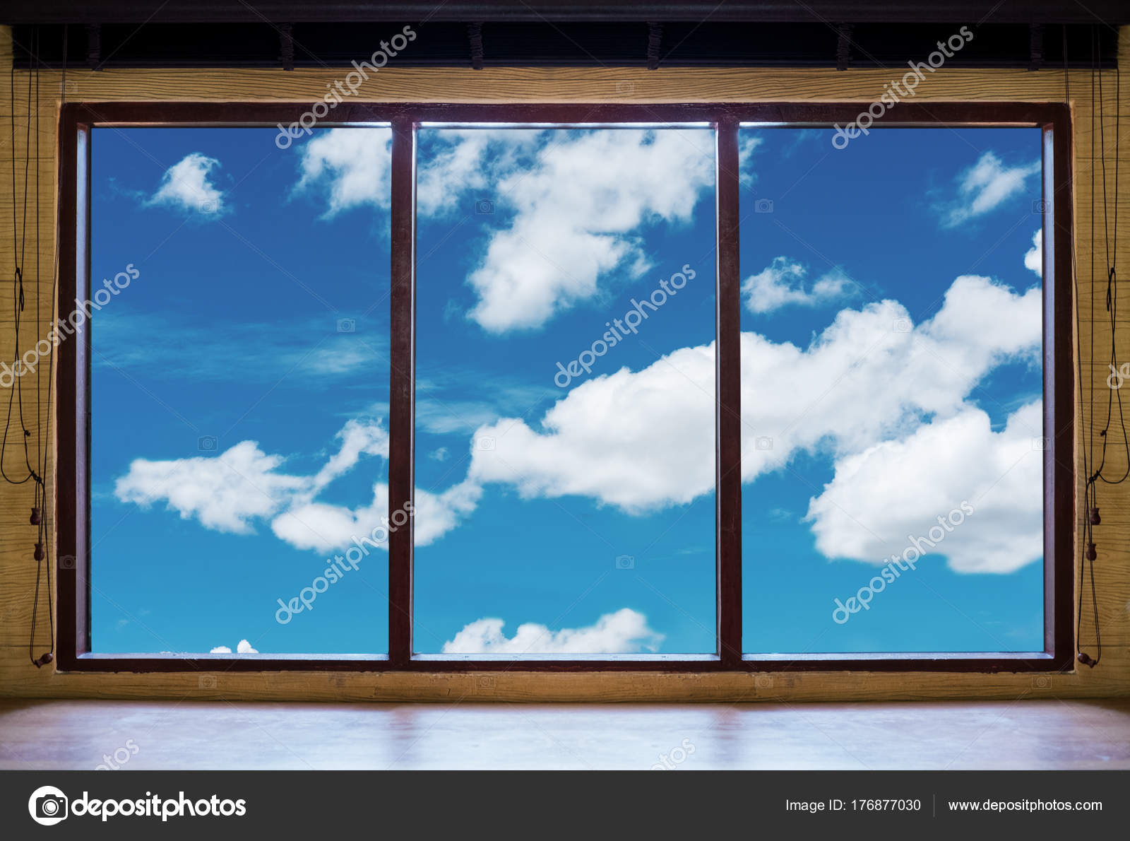 Looking Window Wooden Frames Blue Sky White Clouds View Looking Window Wooden Frames Blue Sky White Clouds View Stock Photo