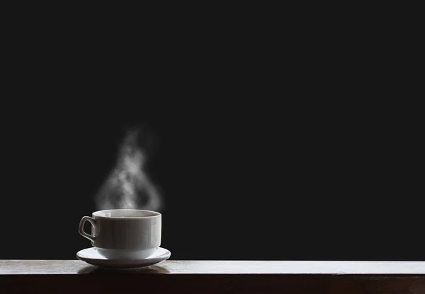 Hot Drinks Steam Wood Table Isolated Black Background — Stock Photo, Image