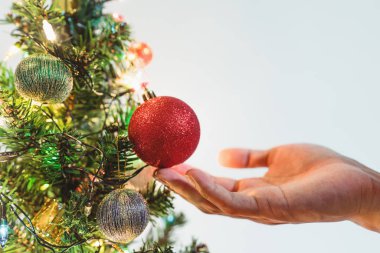 Tatil dekorasyon için Noel ağacı üzerinde kırmızı Noel topları tutan el