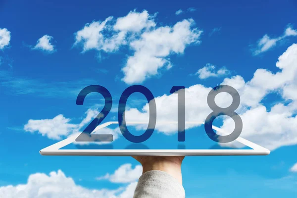 Happy New Year 2018 Hand Bedrijf Digitale Tablet Met Augmented — Stockfoto