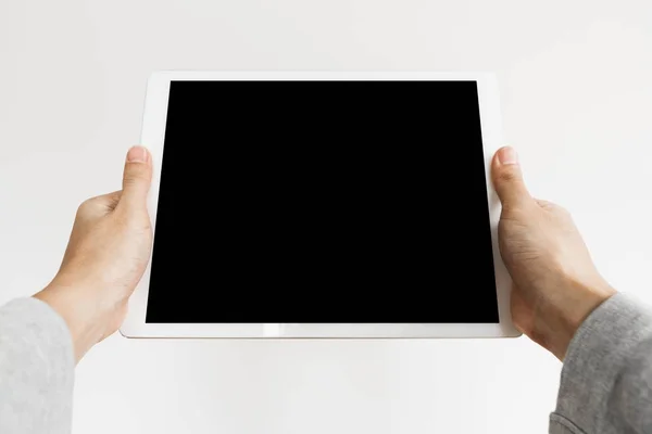 Hands Holding Modern Digital Tablet Blank Black Screen White Background — Stock Photo, Image