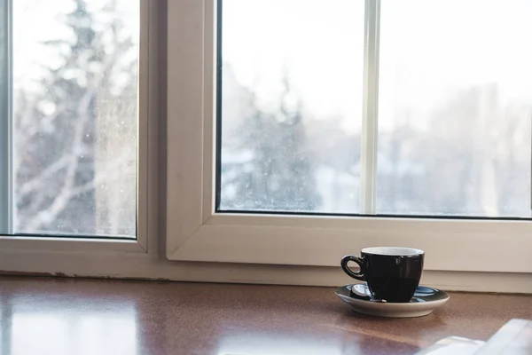 Cup Hot Drinks Wood Table White Window Sunlight Morning — Stock Photo, Image