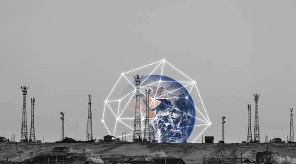 Telecommunication towers with global network connection. Element of this image are furnished by NASA