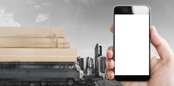 stock image Mobile smart phone blank white screen, with delivery van with parcel boxes on roof driving fast. Online shopping and delivery service concept