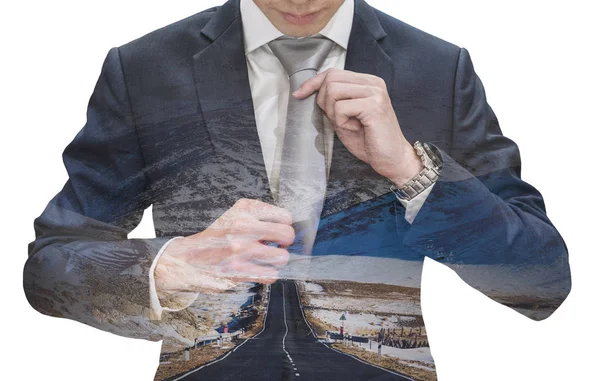 二重露光ビジネスマン空道 白い背景で隔離のネクタイを結ぶ — ストック写真