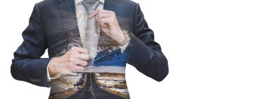 Panoramic, çift pozlama işadamı boyun ile kopya alanı boş yol ile bağlama