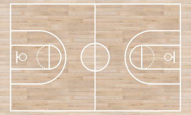 Üstten Görünüm, basketbol mahkeme ve düzen çizgili ahşap doku arka plan üzerinde
