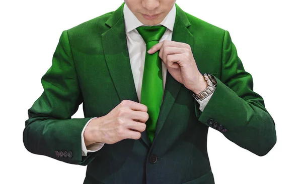 Zakenman Groene Pak Koppelverkoop Groene Stropdas Geïsoleerd Witte Achtergrond — Stockfoto