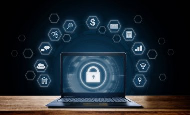 Cyber internet güvenlik sistemi. Kilit simgesi teknoloji bilgisayar dizüstü bilgisayar ekranında