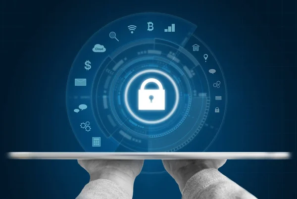 Cyber Sistema Sicurezza Internet Handholding Tablet Digitale Icone Della Tecnologia — Foto Stock