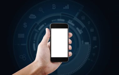 Mobil akıllı telefon, boş beyaz ekran ve uygulama teknolojisi simgeleri arka plan tutan el