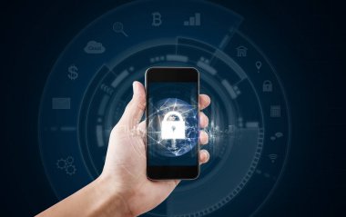 Mobil aygıt güvenlik ve internet bağlantısı. Mobil akıllı telefon ve kilit simgesini kullanarak ele. Bu görüntü unsuru Nasa tarafından döşenmiş