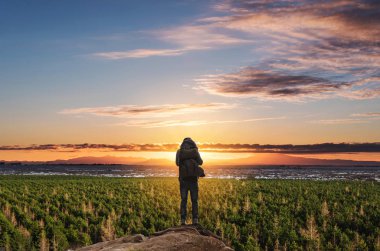 sırt çantası ayakta güzel gündoğumu ve çam ormanları zevk Dağı'nda bir adam