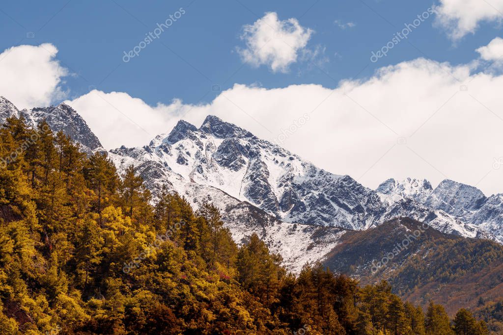 Snow mountain with autumn forest in Sichuan, China