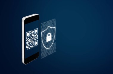 Mobil doğrulama sistemi ve QR kod tarama güvenlik teknolojisi. Mobil akıllı telefon taraması Qr kodu ve güvenlik ve koruma sistemi simgesi