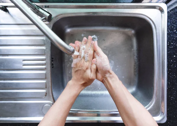 Vista Superior Mão Lavável Com Água Sabão Estilo Vida Higiene — Fotografia de Stock