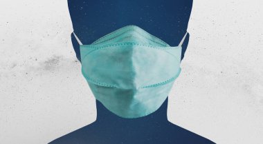 Covid 19 virüs önleme. Koruyucu yüz maskesi takan soyut siluet yüz