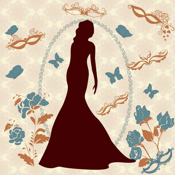 Silhouettes of a girl, flowers and masks — Stock Vector