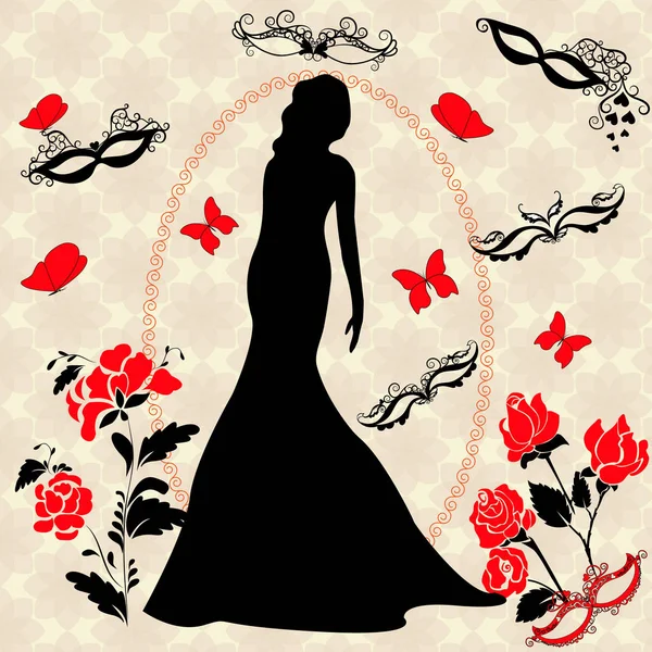 Silhouette di una ragazza, fiori e maschere — Vettoriale Stock