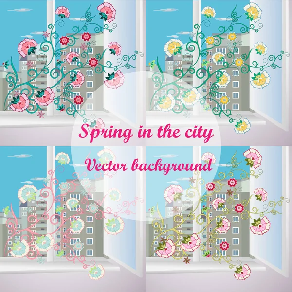 Ventana abierta con flores de primavera — Vector de stock