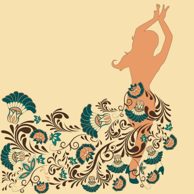bir dansçı bir desen ve çiçeklerle silüeti
