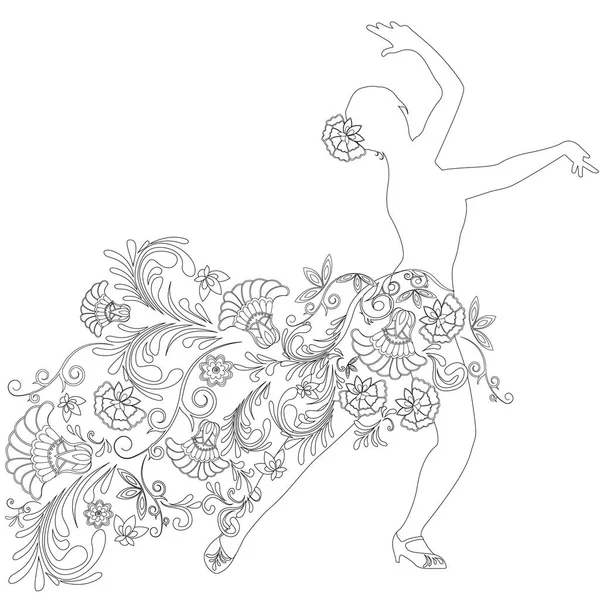 Silhouette di una ballerina con motivo e fiori — Vettoriale Stock