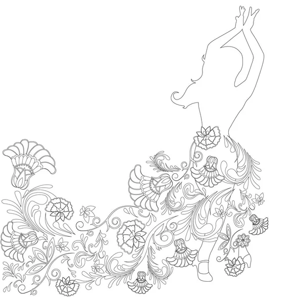 Silhouette di una ballerina con motivo e fiori — Vettoriale Stock