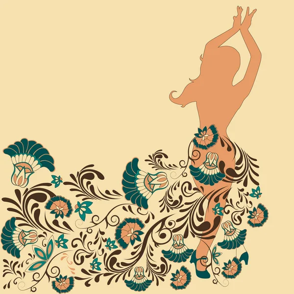 Silhouette di una ballerina con motivo e fiori — Vettoriale Stock