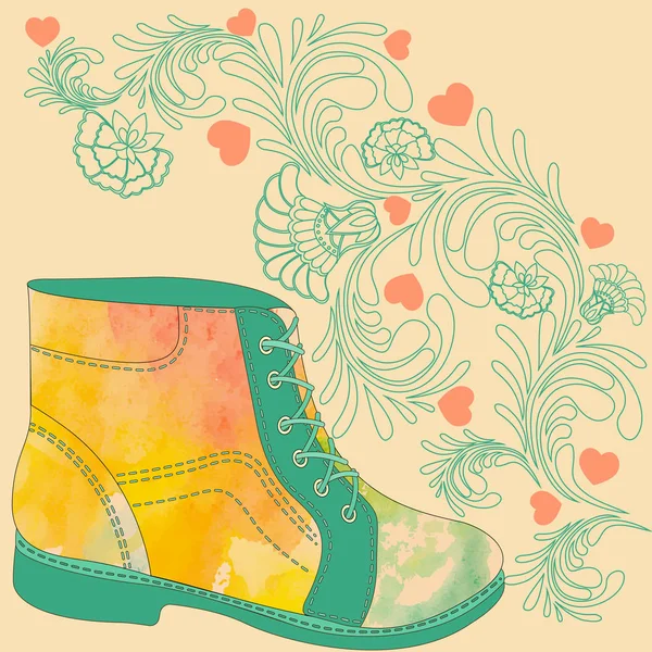 Boot decorated with watercolor texture — Stock Vector