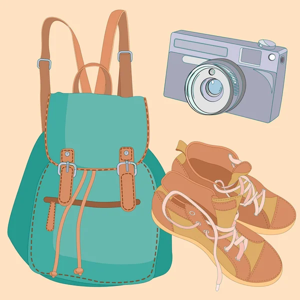 Set Con Mochila Zapatos Cámara — Vector de stock