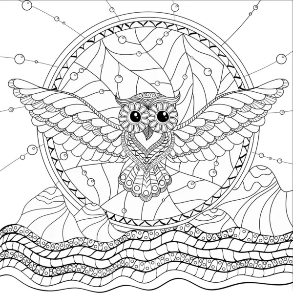 Antistress Coloring Book Flying Owl Dream Catcher — Stock Vector