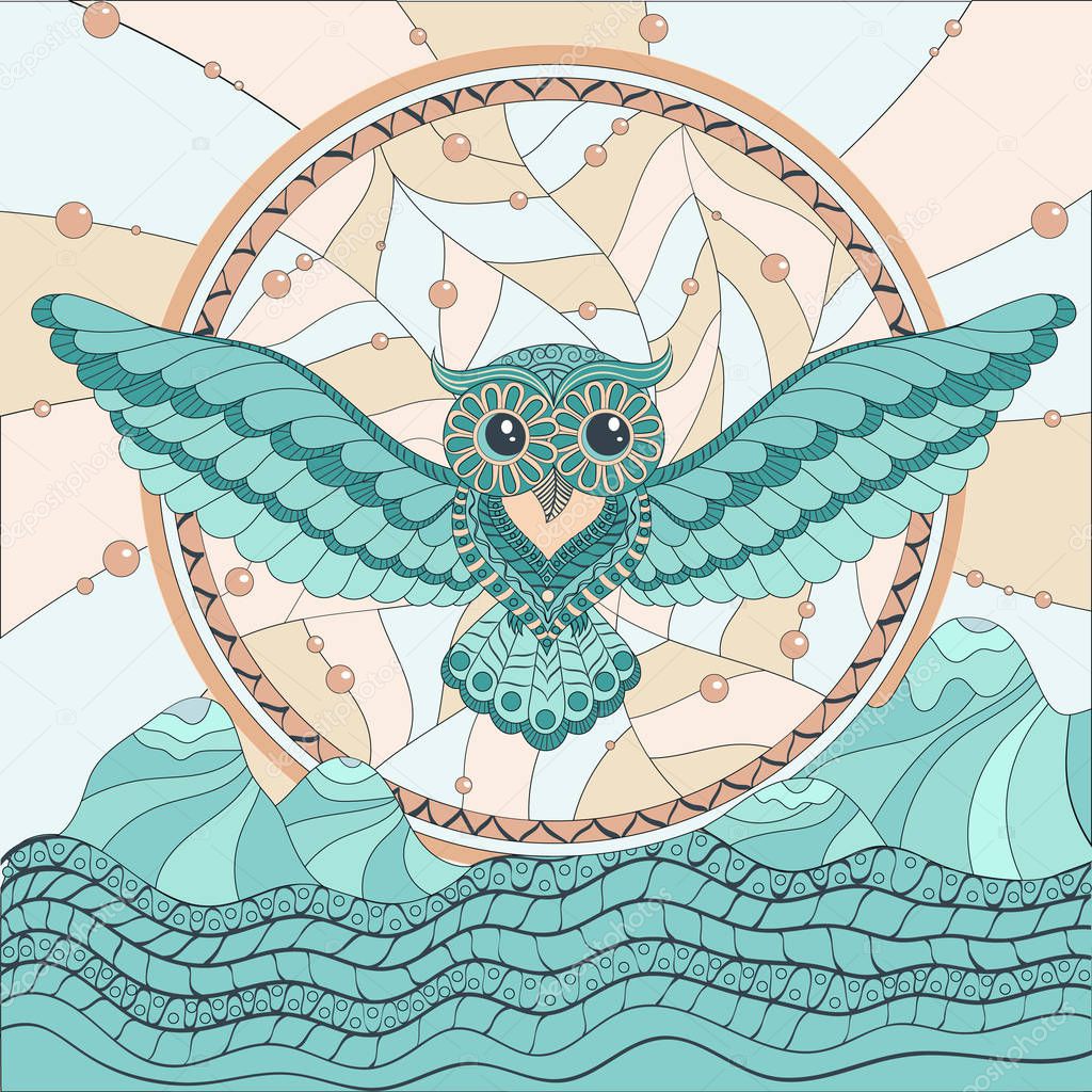 Owl on the background of a dream catcher and mountains.