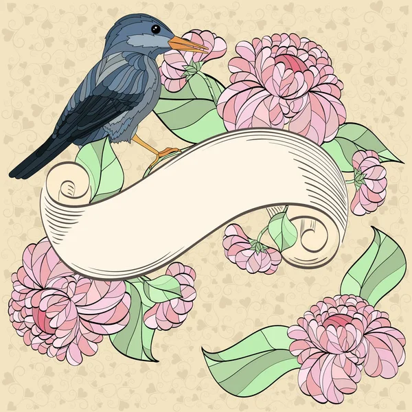 Papierrolle Mit Vogel Und Blumen — Stockvektor