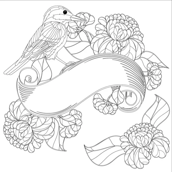 Раскраска Птицей Лентой Цветами Стоковая Иллюстрация