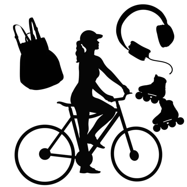 Σιλουέτες Μιας Γυναίκας Ποδήλατο Σακίδιο Και Ακουστικά — Διανυσματικό Αρχείο